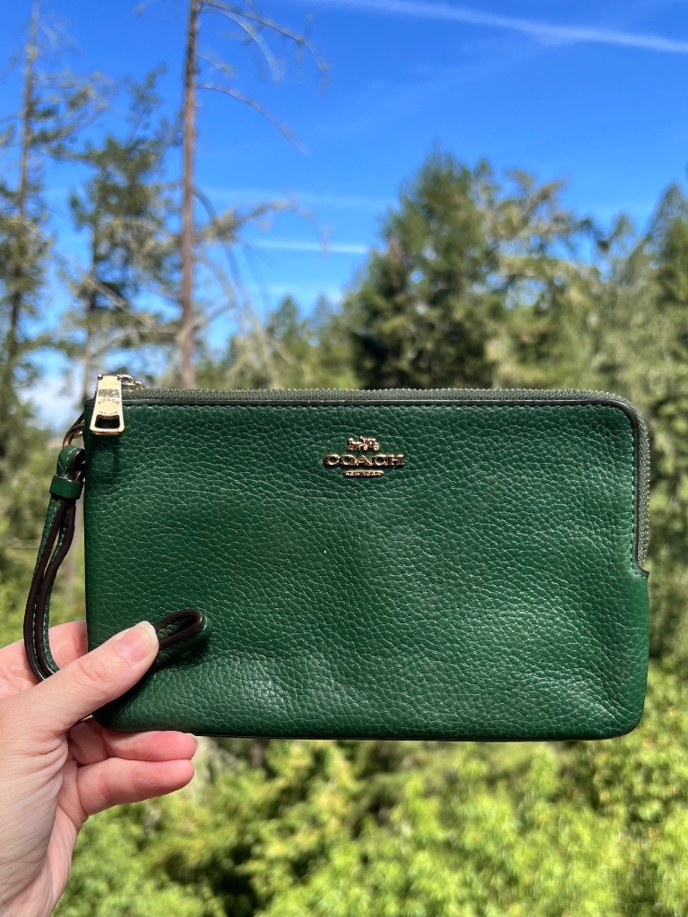 COACH Double Zip Phone Wallet Green Pebble Leather Gold Hardware AUTHENTIC